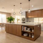 Contemporary kitchen with a warm wood island, pale countertop, open shelving, pendant lights, dining area, and tall daylight-filled windows.
