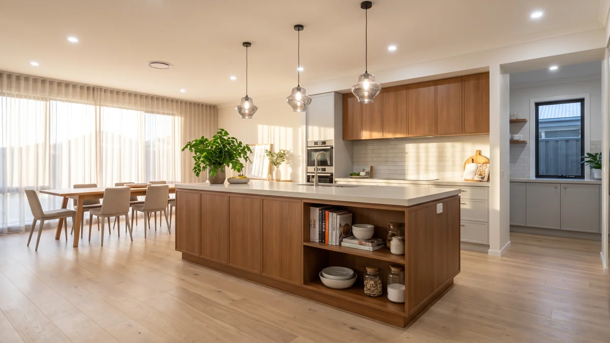 18 Kitchen Island Decor Ideas for Every Layout 1 Contemporary kitchen with a warm wood island, pale countertop, open shelving, pendant lights, dining area, and tall daylight-filled windows.