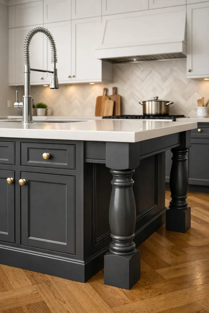 18 Kitchen Island Decor Ideas for Every Layout 11 Charcoal-gray kitchen island with ornate turned legs, brass knobs, white countertop, chrome faucet, and herringbone wood flooring.
