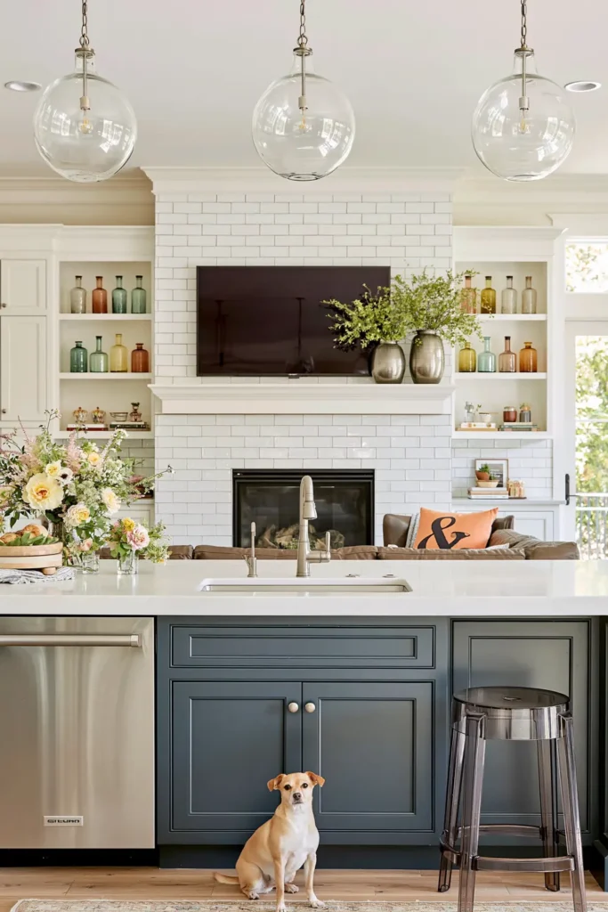 Dark kitchen island with a white countertop, glass globe pendants, and clear sight lines toward a tiled fireplace and living area.