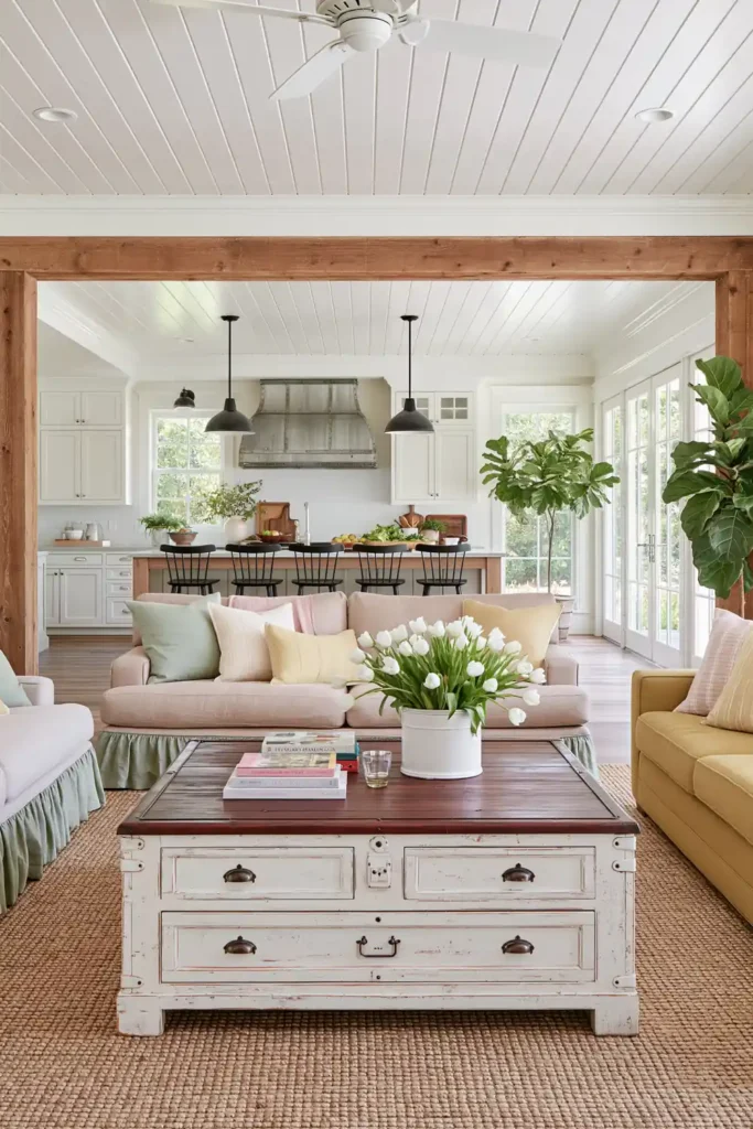 Open living room divided by natural-wood posts and a breakfast counter, with colorful sofas, leafy plants, and a whitewashed coffee table.