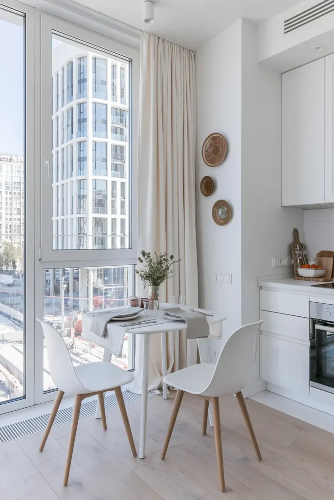 Small Dining Room Ideas for Apartments That Make Every Corner Count 4 Small apartment kitchen nook with a compact table, cream curtains, table linens, placemats, and decorative plates on a white wall.