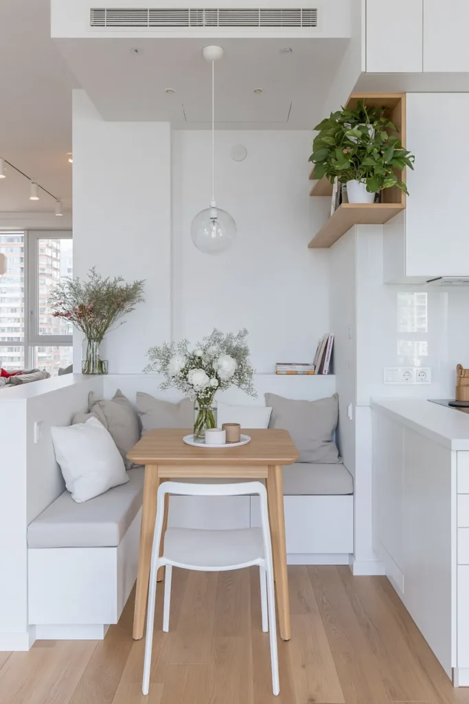 Small Dining Room Ideas for Apartments That Make Every Corner Count 20 Small apartment dining corner with an L-shaped bench, compact light wood table, white chair, pale wood flooring, and neutral cushions.