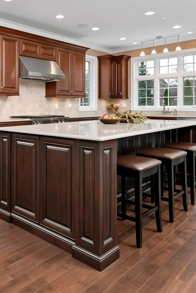18 Kitchen Island Decor Ideas for Every Layout 7 Large dark wood kitchen island with paneled sides, pale countertop, three stools, pendant lights, and bright rear windows.