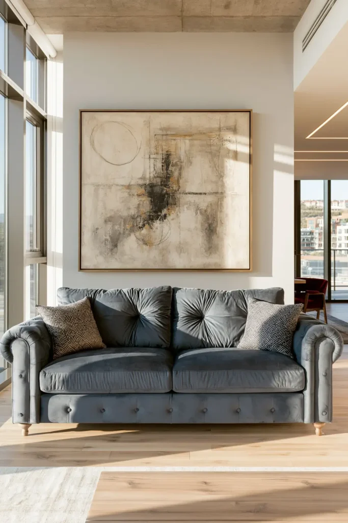 23 Living Room Wall Decor Ideas Above the Couch for a Stylish Sofa Wall 2 Dark tufted velvet sofa below a large abstract canvas in a moody living room