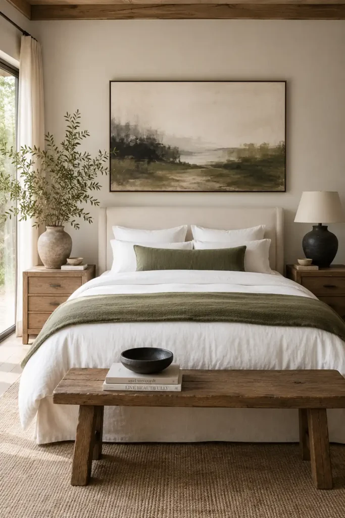 30 Master Bedroom Wall Decor Ideas for a More Personal Space 2 Master bedroom with a large cream, gray, and muted green abstract artwork above a pale upholstered bed.