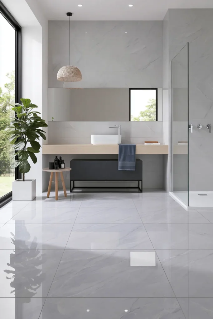 Large horizontal bathroom mirror reflecting daylight across glossy white and blue-grey marble surfaces.