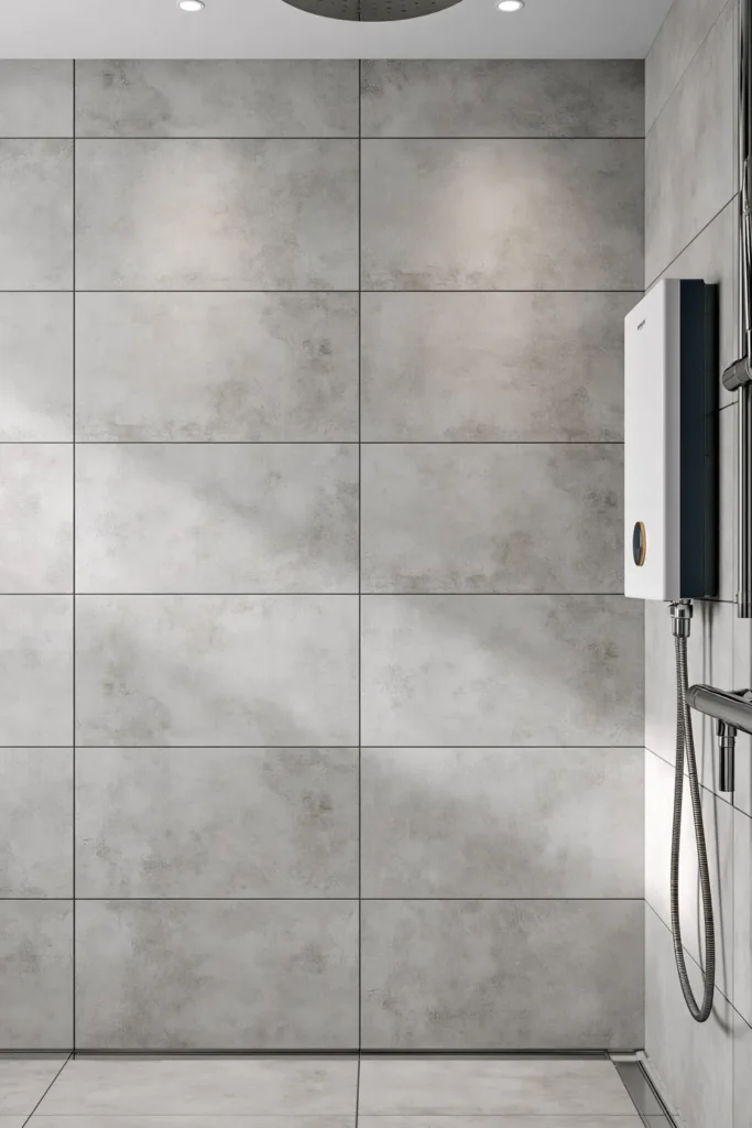 Large pale grey bathroom tiles with minimal grout lines behind a white electric shower and overhead rain head.