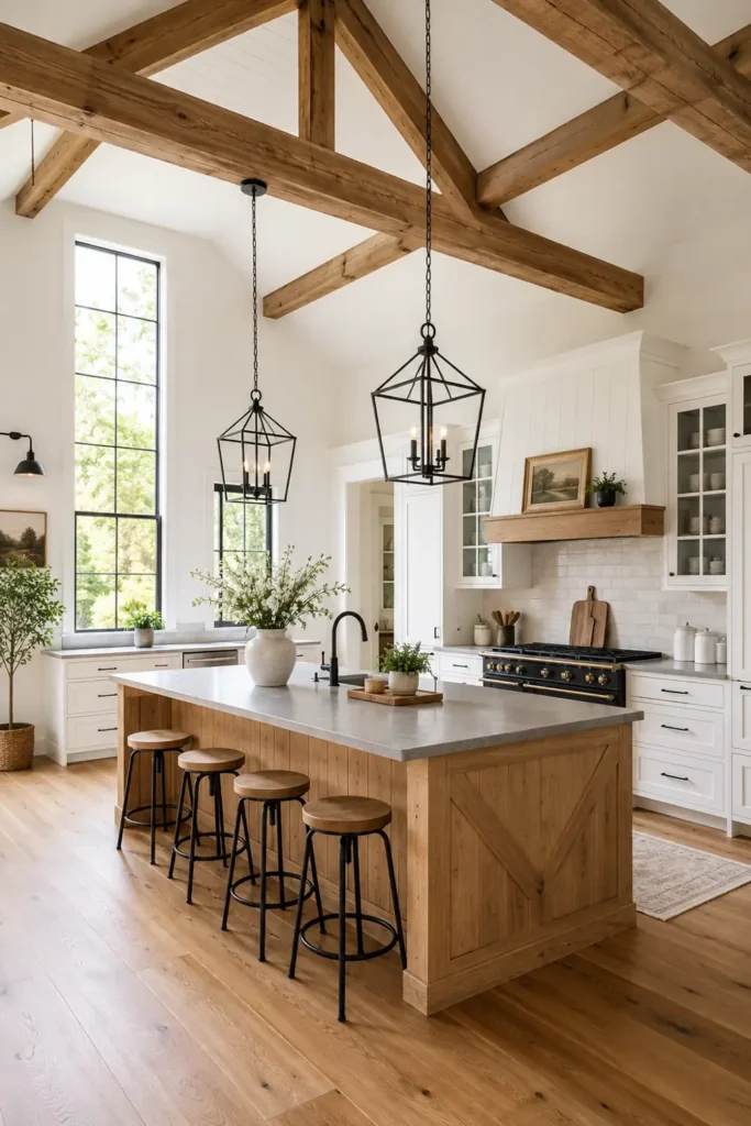 Modern Farmhouse Kitchen Decor Ideas for a Warm and Practical Home 8 Tall modern farmhouse kitchen with a large natural wood island, bar stools, black lantern pendant lights, and exposed wood beams.