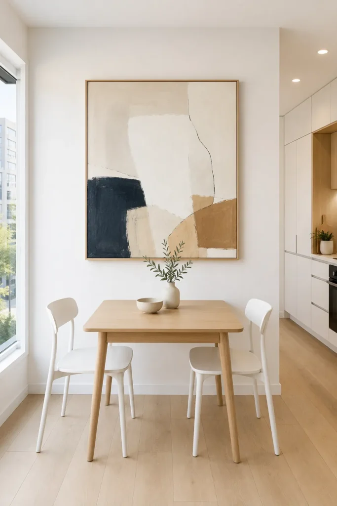 Small Dining Room Ideas for Apartments That Make Every Corner Count 18 Small apartment dining room with a compact light wood table, slim white chairs, pale wood flooring, and large abstract wall art.