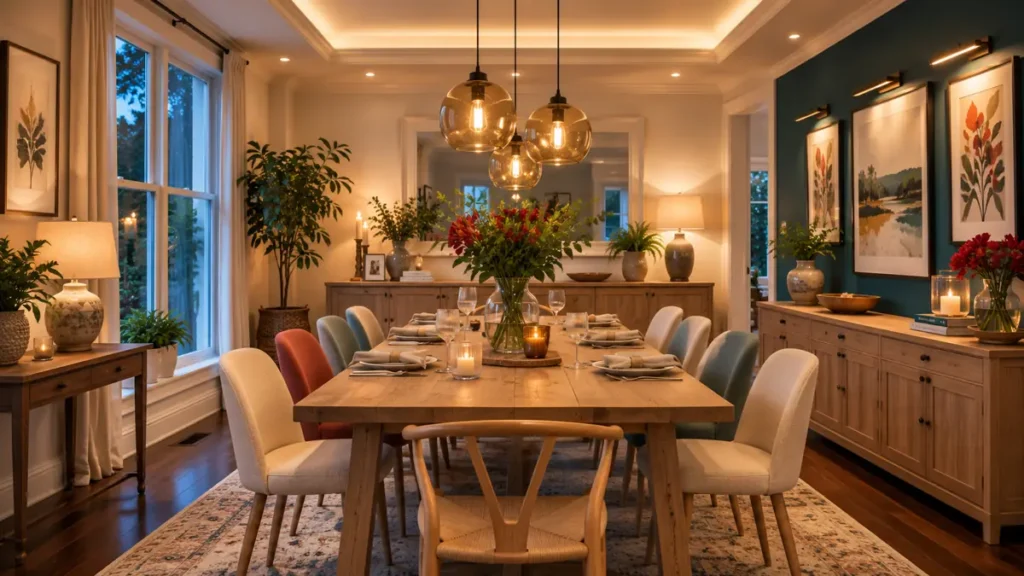 Dining Room Lighting Ideas to Create the Perfect Mood 12 Warm dining room with layered pendant lighting, ceiling uplights, recessed downlights, a teal accent wall, and an evening glow.
Dining Room Lighting Ideas to Set the Perfect Mood