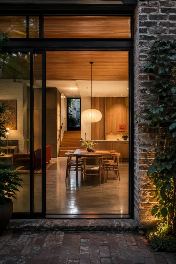 Dining Room Lighting Ideas to Create the Perfect Mood 2 Open-plan dining area viewed through steel-framed glass doors, with a glowing pendant, timber ceiling, concrete floor, and warm layered lighting.