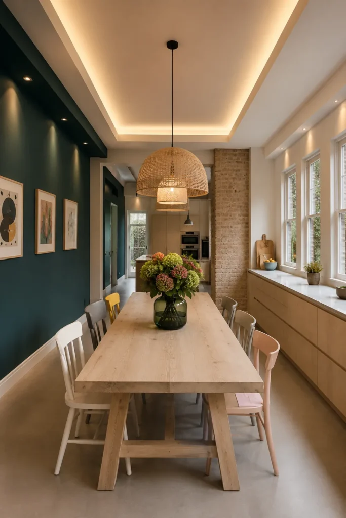 Dining Room Lighting Ideas to Create the Perfect Mood 10 Kitchen-adjacent dining room with a woven pendant, teal wall, recessed ceiling glow, uplights, downlights, and a long pale-wood table.