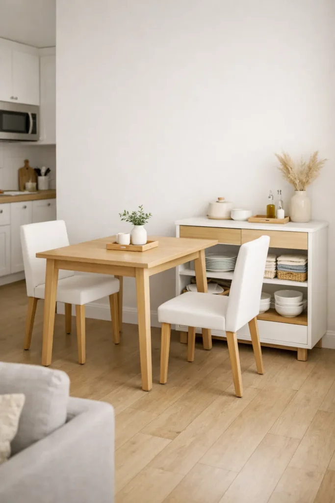 Small Dining Room Ideas for Apartments That Make Every Corner Count 17 Small apartment dining room with a compact table, slim chairs, narrow buffet storage, white walls, and pale wood flooring.