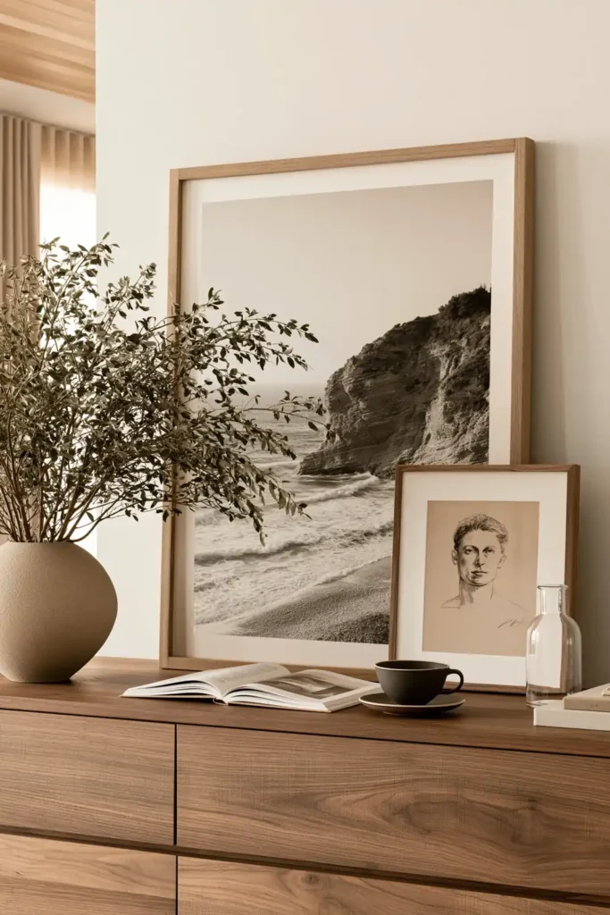 30 Master Bedroom Wall Decor Ideas for a More Personal Space 7 Leaning black-and-white coastline artwork layered with a smaller framed sketch on a walnut bedroom dresser.