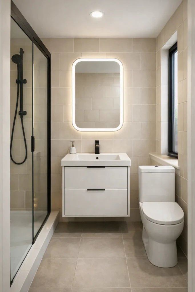 Small bathroom with pale beige tiles, a white vanity, illuminated mirror, glass shower enclosure and white toilet.