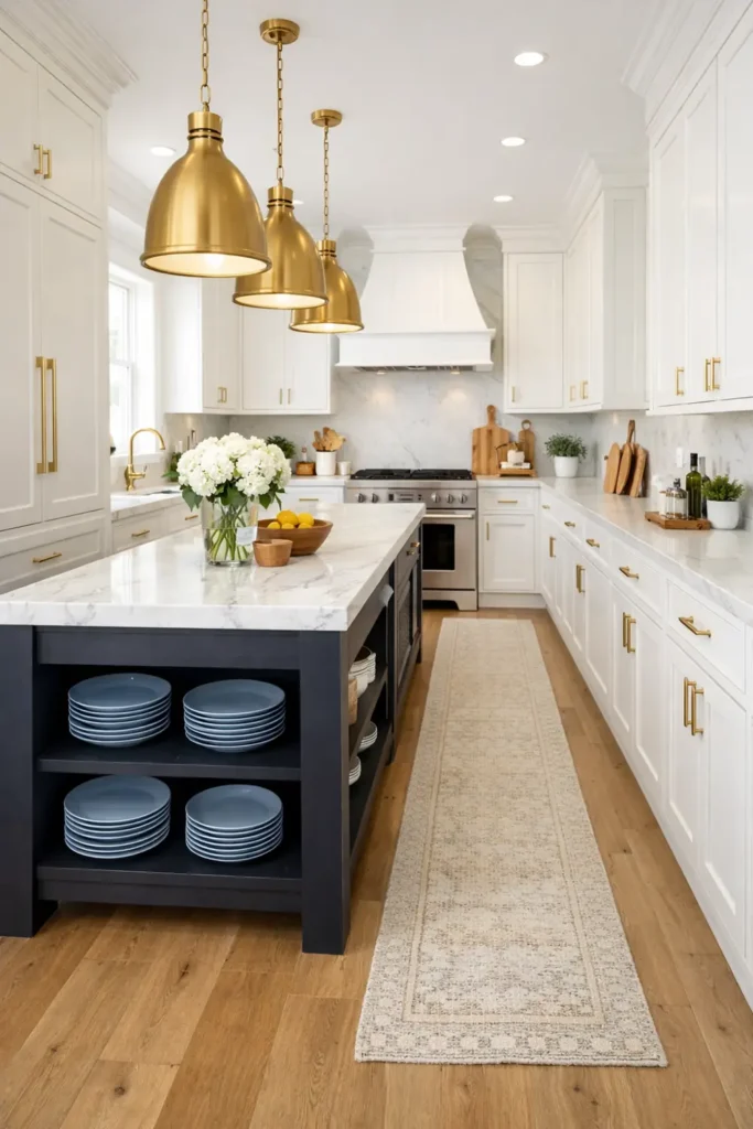 Modern Farmhouse Kitchen Decor Ideas for a Warm and Practical Home 2 Bright modern farmhouse kitchen with tall white cabinets, brass handles, marble island, wood flooring, and a neutral runner rug.