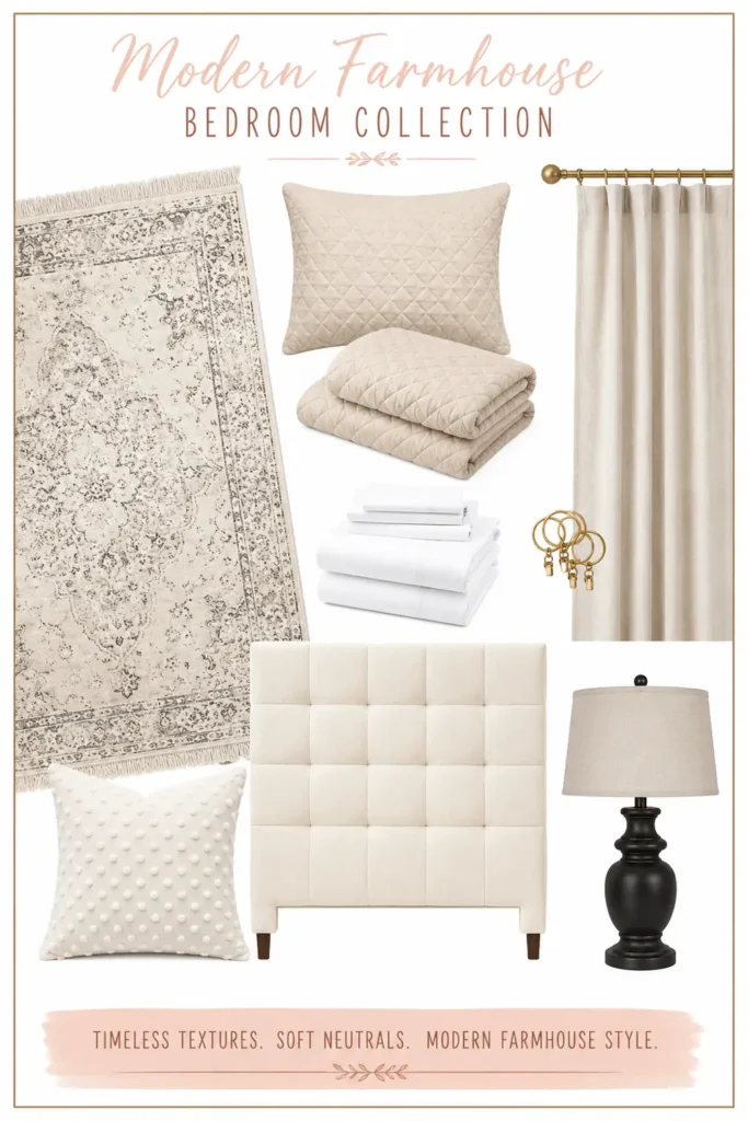Modern Farmhouse Bedroom Ideas for a Warm, Relaxed Retreat 5 Farmhouse bedroom mood board with beige linen curtains, a gold curtain rod, cream tufted headboard, neutral bedding, and ivory rug.
