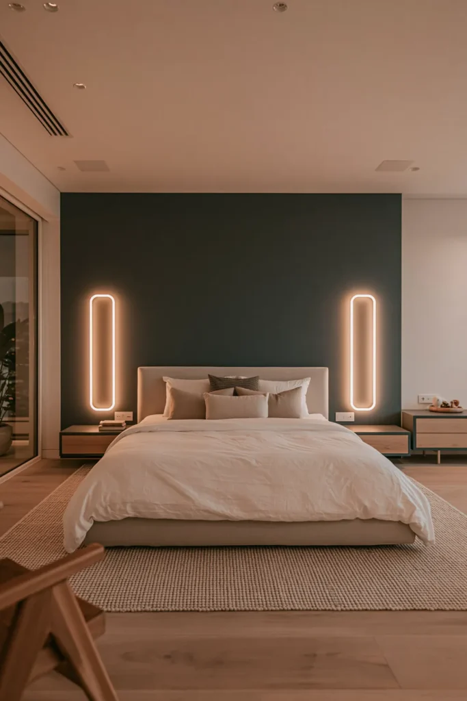 24 Bedroom Lighting Ideas for a Comfortable and Stylish Space 21 Two loop-shaped touch-control bedside lamps glowing warmly against a deep teal bedroom wall.