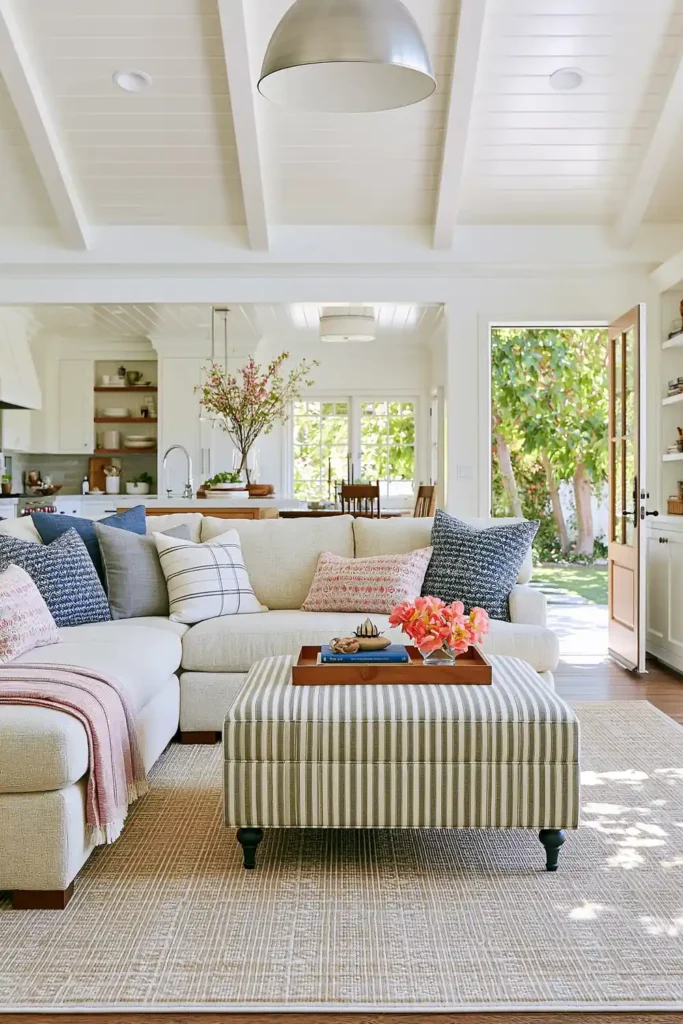 Open concept living room with a low cream sectional, striped ottoman, exposed rafters, white kitchen, and clear sight lines to the garden.