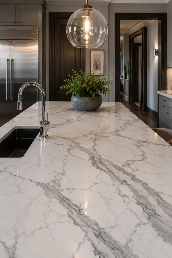 18 Kitchen Island Decor Ideas for Every Layout 12 Polished white marble kitchen island with broad gray veining, dark sink opening, green foliage, and a clear globe pendant.