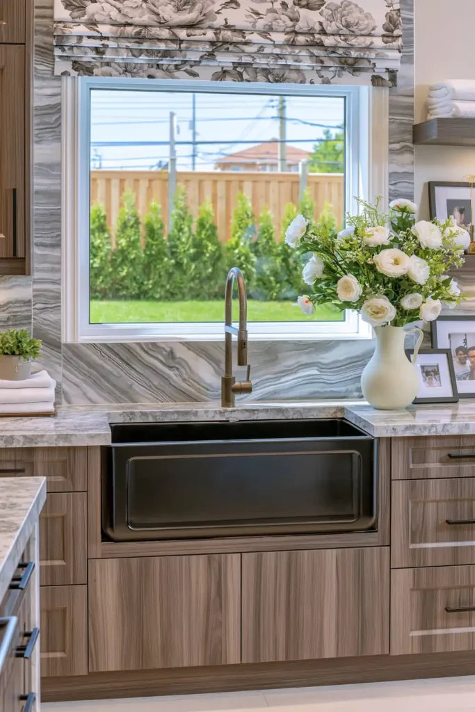 Gray-and-white marble-look backsplash framing a kitchen window above a black farmhouse sink.