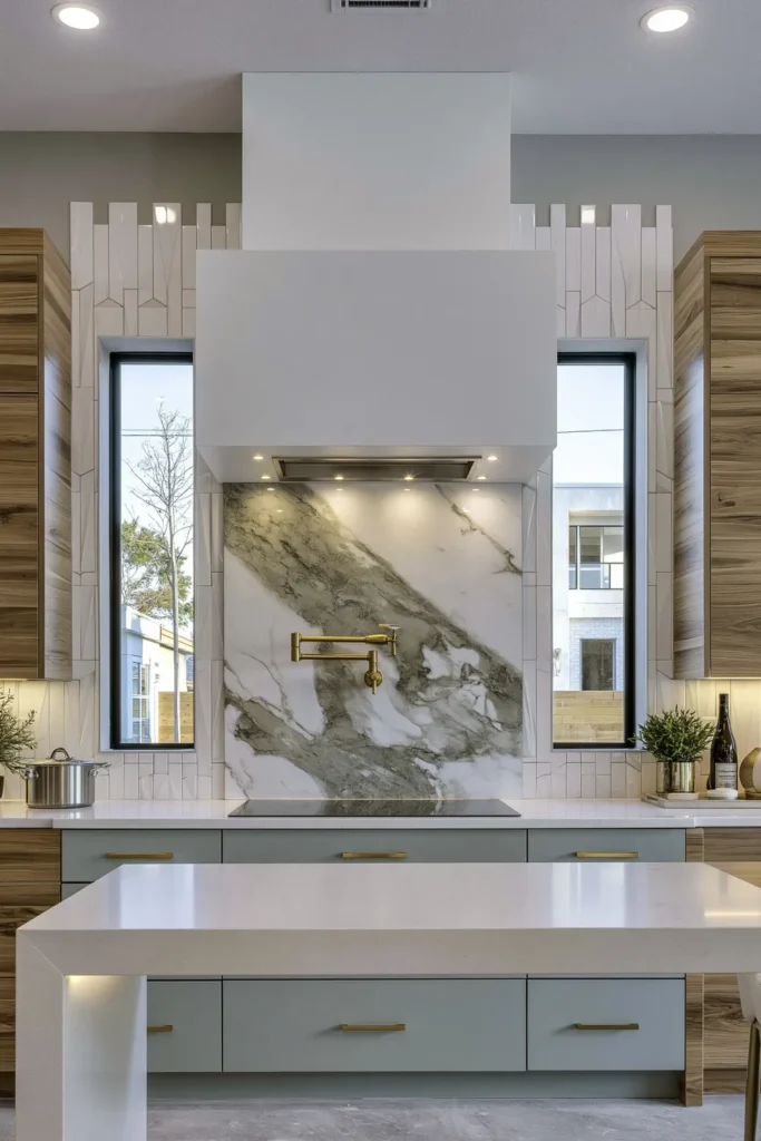 White marble-look slab backsplash with a folding brass pasta arm and elongated geometric tile.