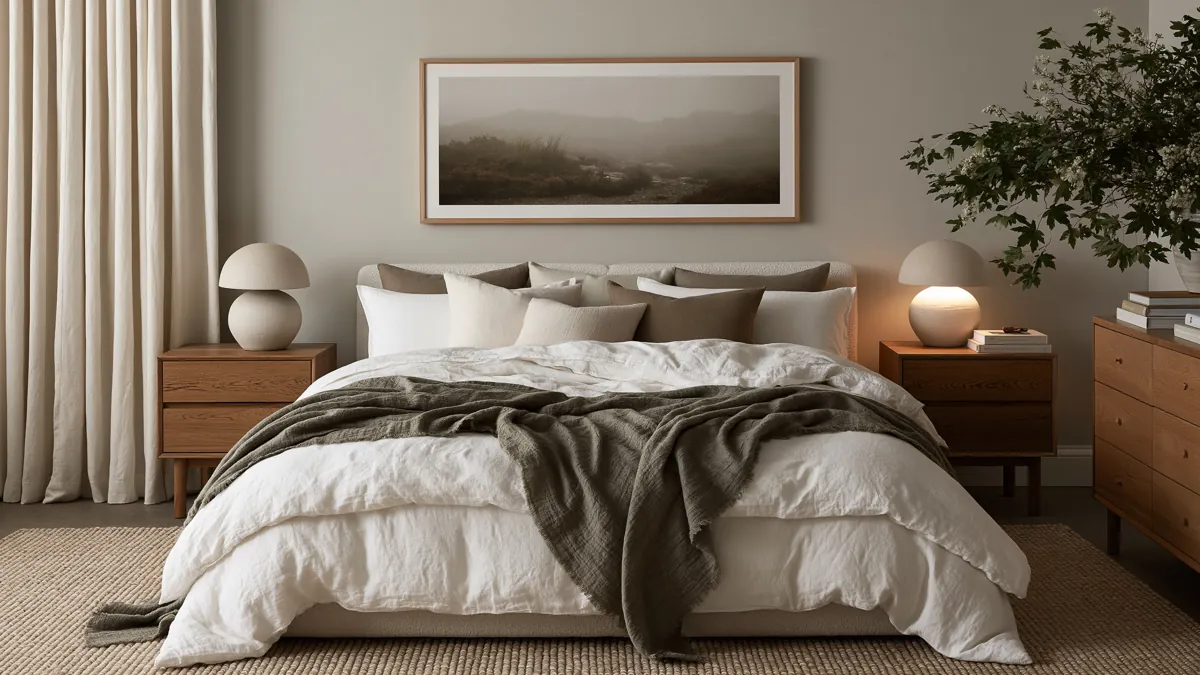 30 Master Bedroom Wall Decor Ideas for a More Personal Space 1 Calm master bedroom with white bedding, wooden nightstands, ceramic lamps, a green-gray throw, and misty landscape artwork above the bed.
