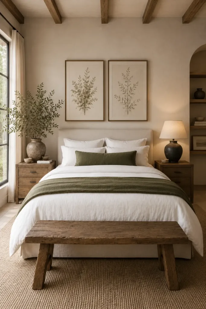 30 Master Bedroom Wall Decor Ideas for a More Personal Space 3 Two matching botanical prints in slim wooden frames above a neutral master bedroom bed.