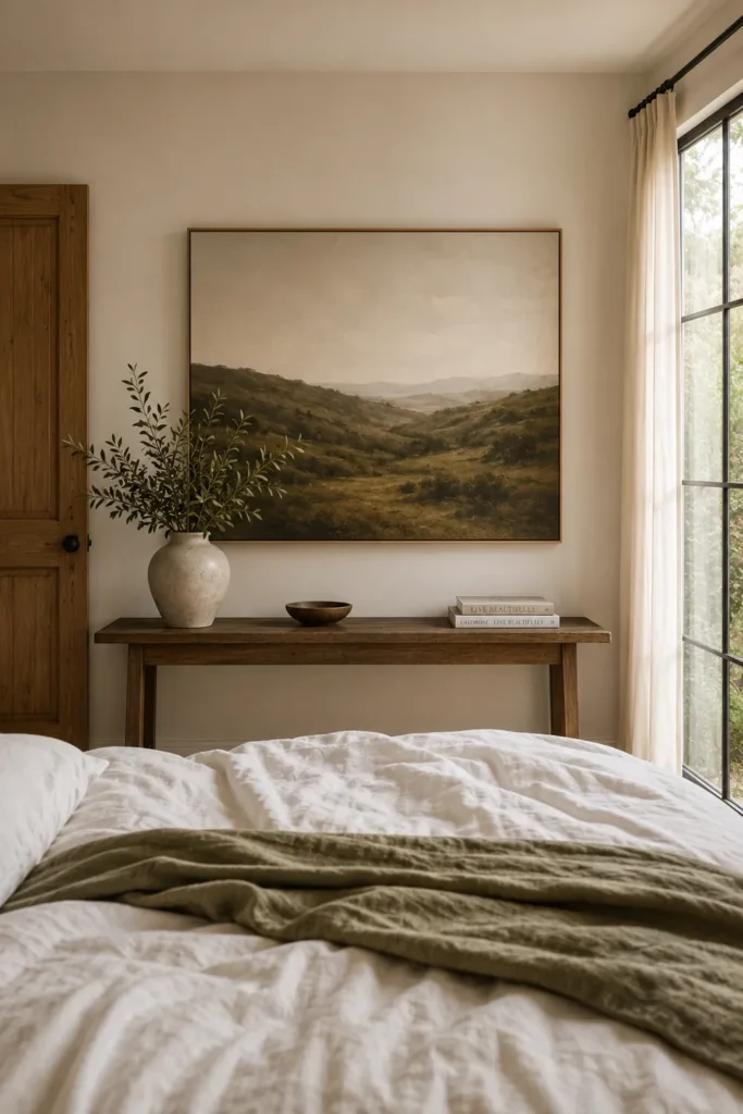 30 Master Bedroom Wall Decor Ideas for a More Personal Space 5 Large framed landscape artwork above a narrow wooden console on the wall opposite a bedroom bed.