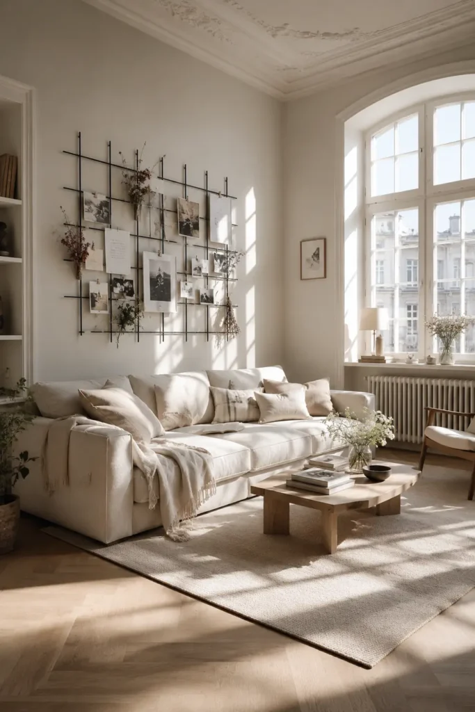 23 Living Room Wall Decor Ideas Above the Couch for a Stylish Sofa Wall 9 Cream sofa with black metal grid organizer, clipped papers, and dried flowers above it