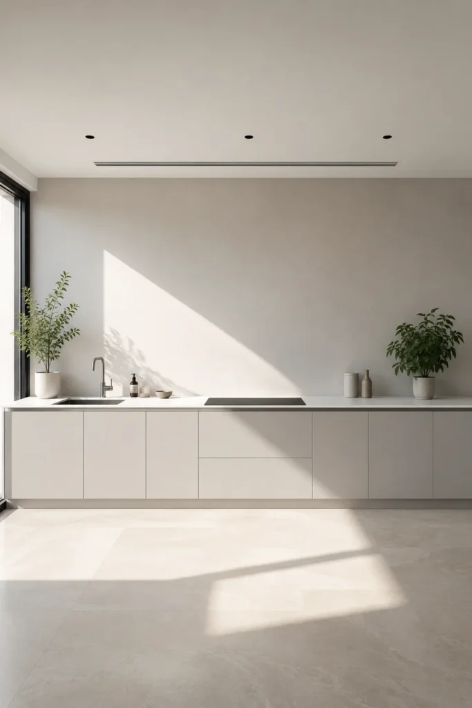 18 Kitchen Island Decor Ideas for Every Layout 6 Minimalist pale gray kitchen with handle-free cabinetry, a slim white counter, inset cooktop, potted plants, and geometric sunlight.