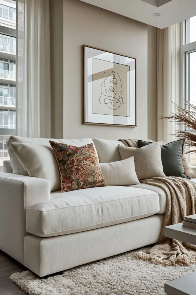 23 Living Room Wall Decor Ideas Above the Couch for a Stylish Sofa Wall 20 Cream sofa with framed minimalist line art above it in a soft neutral living room