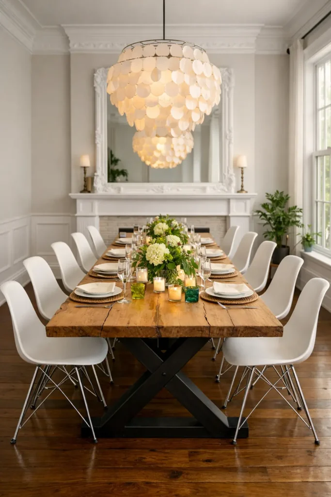 Dining Room Lighting Ideas to Create the Perfect Mood 9 Dining room with a shell-like pendant reflected in an ornate mirror above a natural-edge wooden table and white chairs.