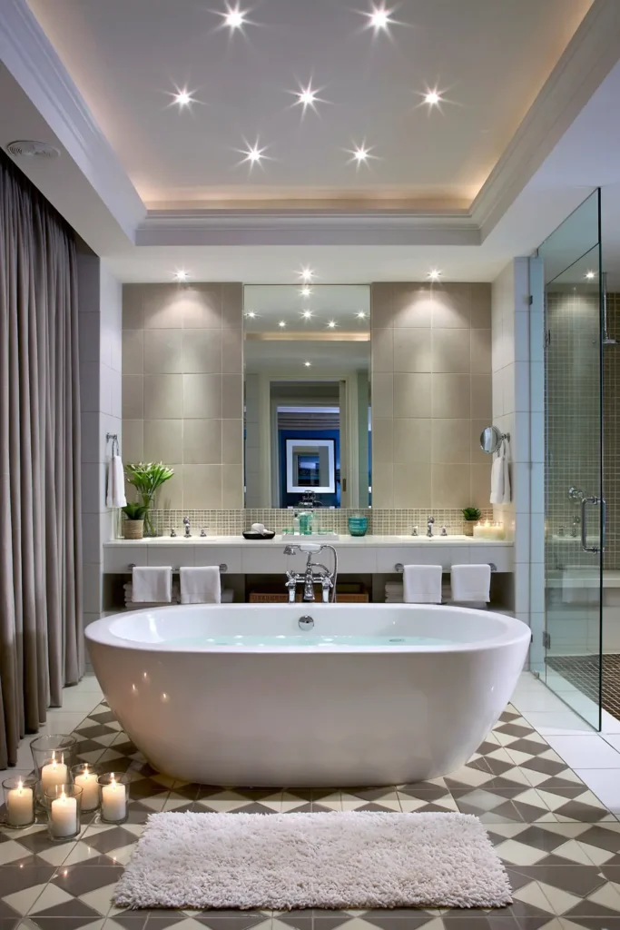 Bathroom Color Schemes That Never Go Out of Style 4 Mocha and creamy white bathroom color scheme with freestanding bathtub, beige wall panels, and checkered floor