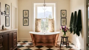 Modern farmhouse bathroom with a copper freestanding tub, diamond-checkered floor, floral café curtains, botanical artwork, and a mountain view.
