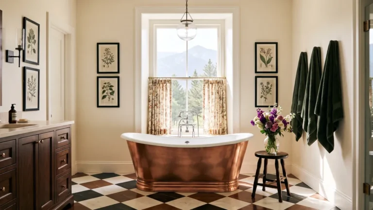 30 Modern Farmhouse Bathroom Decor Ideas for a Warm, Updated Space 12 Modern farmhouse bathroom with a copper freestanding tub, diamond-checkered floor, floral café curtains, botanical artwork, and a mountain view.