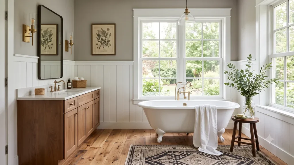 30 Modern Farmhouse Bathroom Decor Ideas for a Warm, Updated Space 32 Modern Farmhouse Bathroom Decor Ideas
Warm modern farmhouse bathroom with a white clawfoot tub, wood vanity, patterned rug, leafy branches, wall paneling, and natural light.