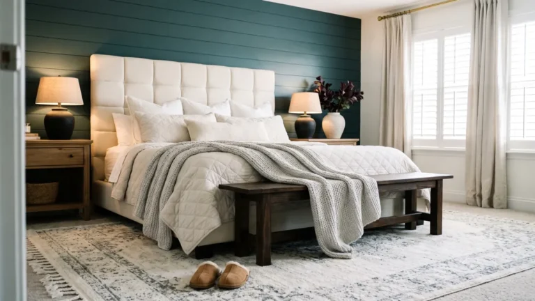 Modern Farmhouse Bedroom Ideas for a Warm, Relaxed Retreat 11 Modern farmhouse bedroom with a deep teal shiplap wall, cream tufted headboard, layered neutral bedding, wooden bench, and ivory fringe rug.