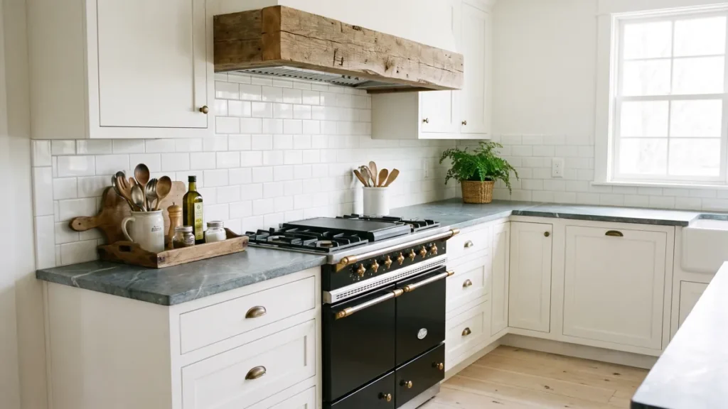 Modern Farmhouse Kitchen Decor Ideas for a Warm and Practical Home 10 White modern farmhouse kitchen corner with a black range, brass knobs, rustic wood beam trim, gray countertops, and natural daylight.
Modern Farmhouse Kitchen Decor Ideas