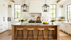 Bright modern farmhouse kitchen with a natural wood island, white cabinets, black lantern pendant lights, and bar stool seating.