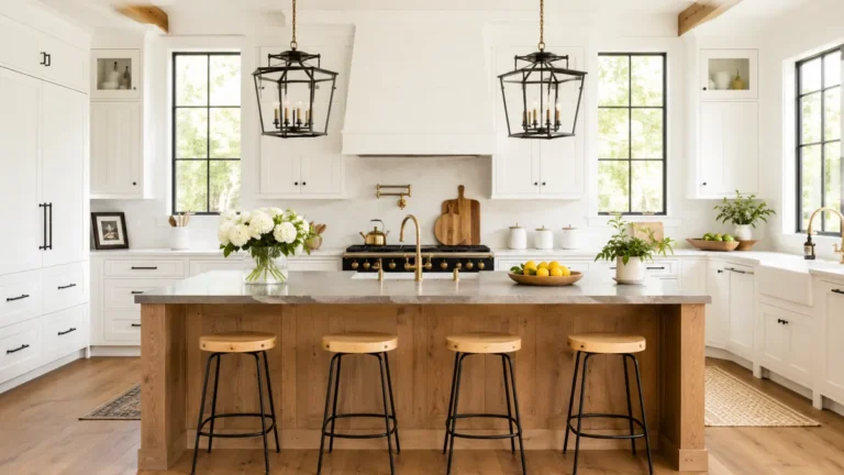 Modern Farmhouse Kitchen Decor Ideas for a Warm and Practical Home 24 Bright modern farmhouse kitchen with a natural wood island, white cabinets, black lantern pendant lights, and bar stool seating.
