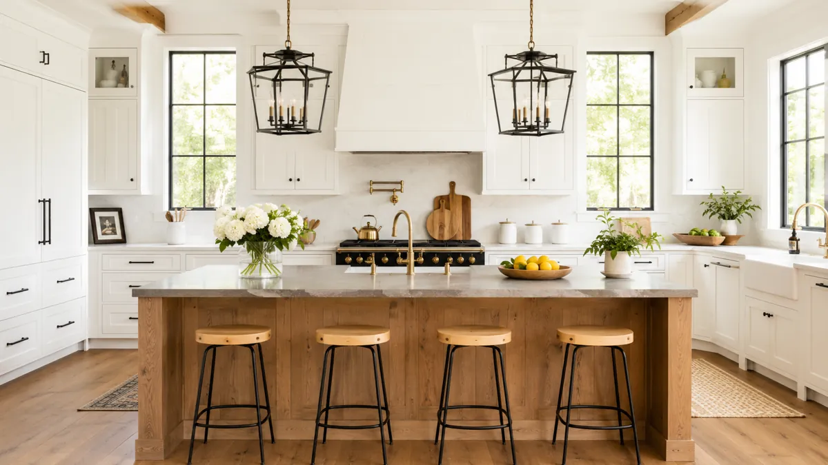 Modern Farmhouse Kitchen Decor Ideas for a Warm and Practical Home 1 Bright modern farmhouse kitchen with a natural wood island, white cabinets, black lantern pendant lights, and bar stool seating.