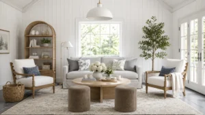 Bright modern farmhouse living room with a gray sofa, white armchairs, rattan shelving, pale wood coffee table, indoor tree, and white vertical wall cladding.