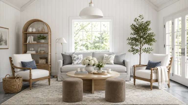 7 Modern Farmhouse Living Room Decor Ideas for a Warm, Relaxed Space 29 Bright modern farmhouse living room with a gray sofa, white armchairs, rattan shelving, pale wood coffee table, indoor tree, and white vertical wall cladding.