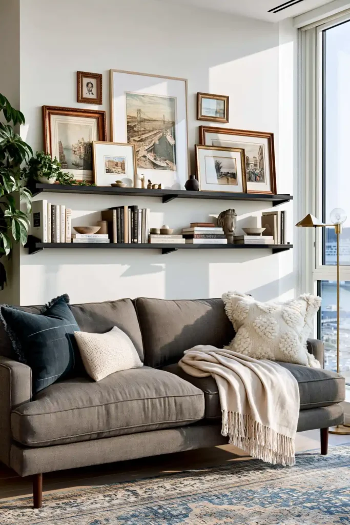 23 Living Room Wall Decor Ideas Above the Couch for a Stylish Sofa Wall 7 Grey sofa with two black gallery ledges filled with framed art and books