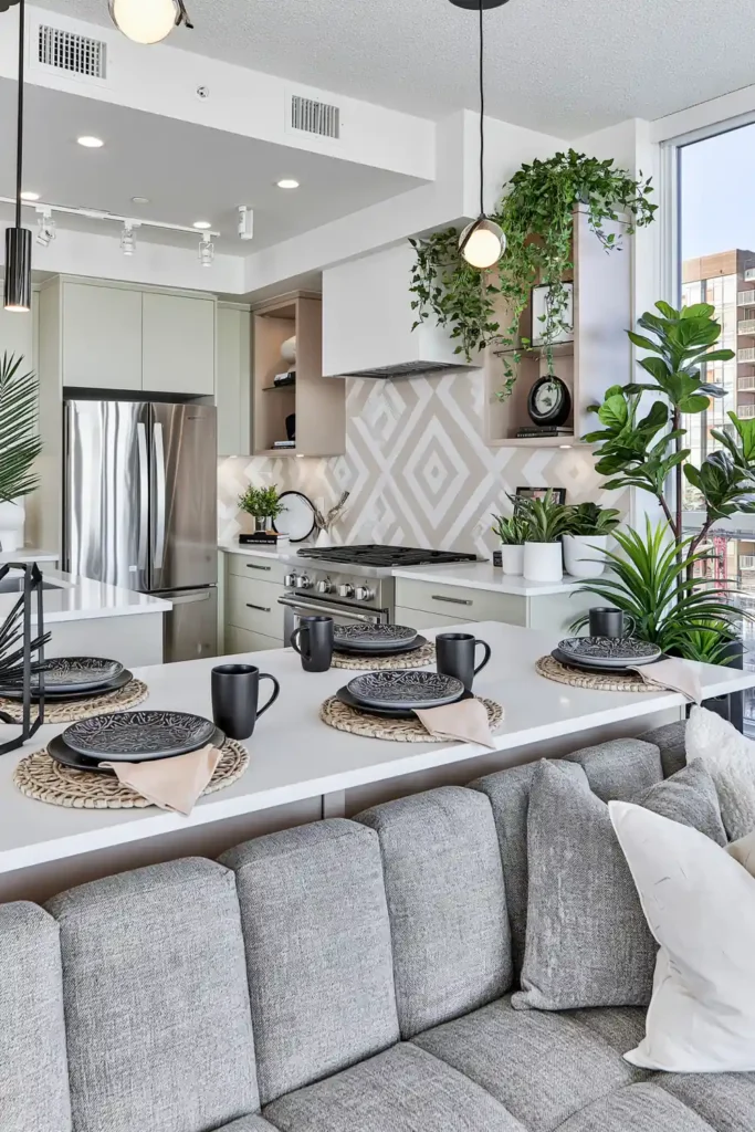 Pale geometric kitchen backsplash with soft green cabinets, stainless appliances, and plant-filled modern-retro decor.