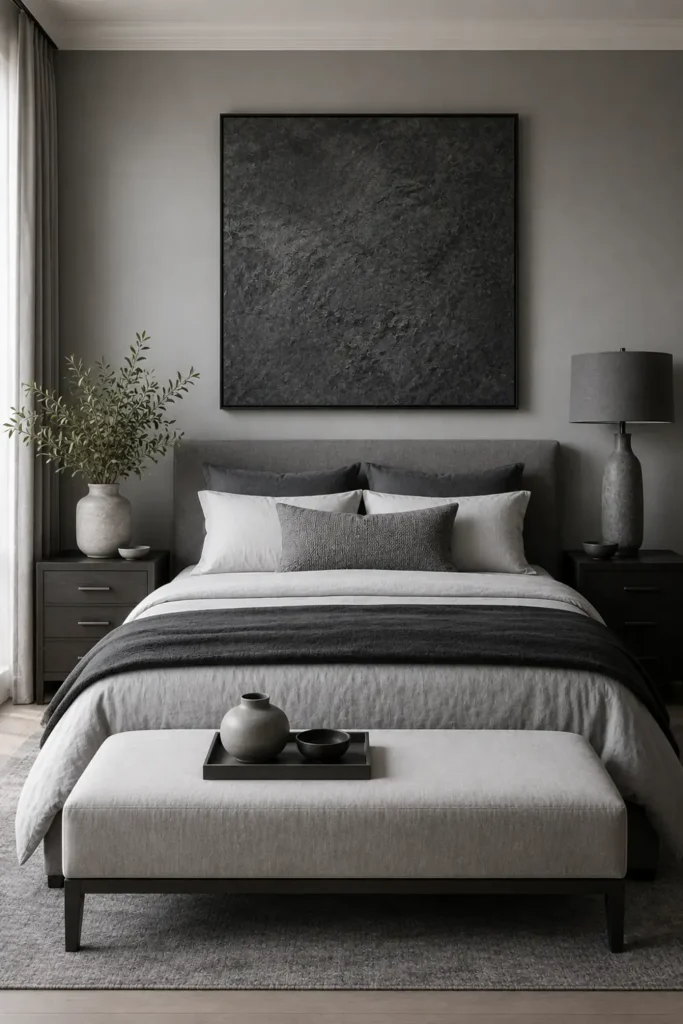 30 Master Bedroom Wall Decor Ideas for a More Personal Space 11 Monochromatic gray master bedroom with textured charcoal artwork, layered neutral bedding, and dark nightstands.