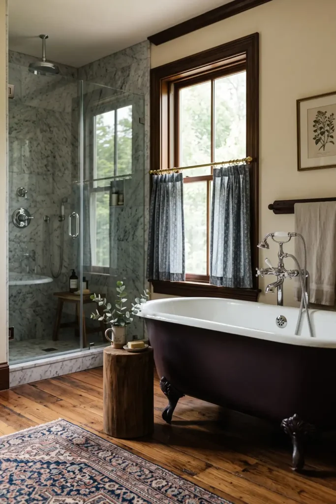 30 Modern Farmhouse Bathroom Decor Ideas for a Warm, Updated Space 2 Moody modern farmhouse bathroom with a dark clawfoot tub, gray stone shower, warm wood floor, and patterned café curtains.