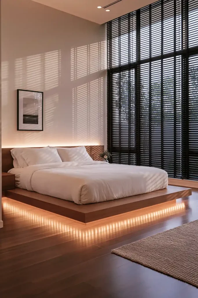 24 Bedroom Lighting Ideas for a Comfortable and Stylish Space 10 Modern platform bed with warm orange under-bed lighting reflecting across a dark wood floor.
